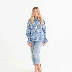 Amaranth Blue Flounce Sleeve Blouse
