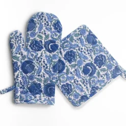 Bohemian Floral Azure Blue & Aqua Oven Mitt Set