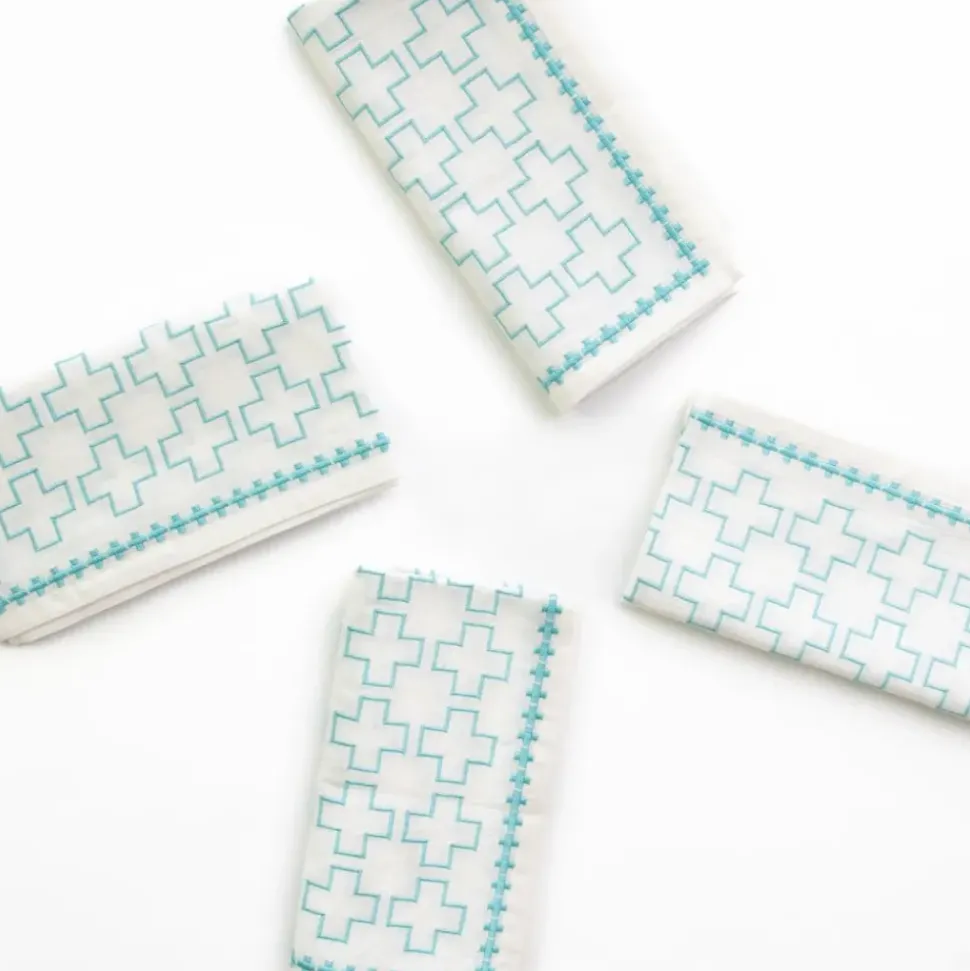 India Hicks Home Embroidered Grand Cross Palladian Blue Napkin | Set o