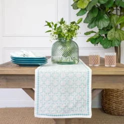 India Hicks Home Embroidered Grand Cross Palladian Blue Table Runner
