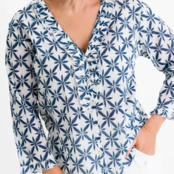 Starburst Flower Navy Flange Button Blouse