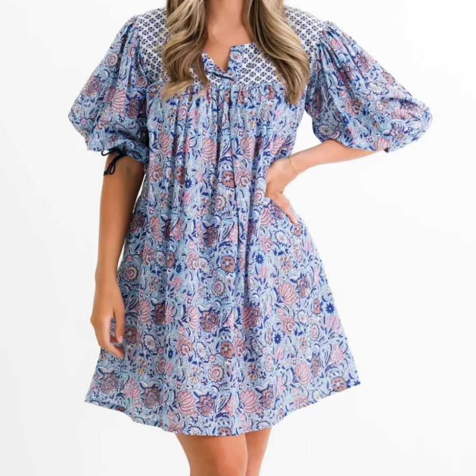 Taj Floral Blue Split Neck Shift Dress