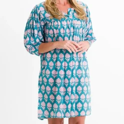 Teal Pom Flower Split Neck Shift Dress